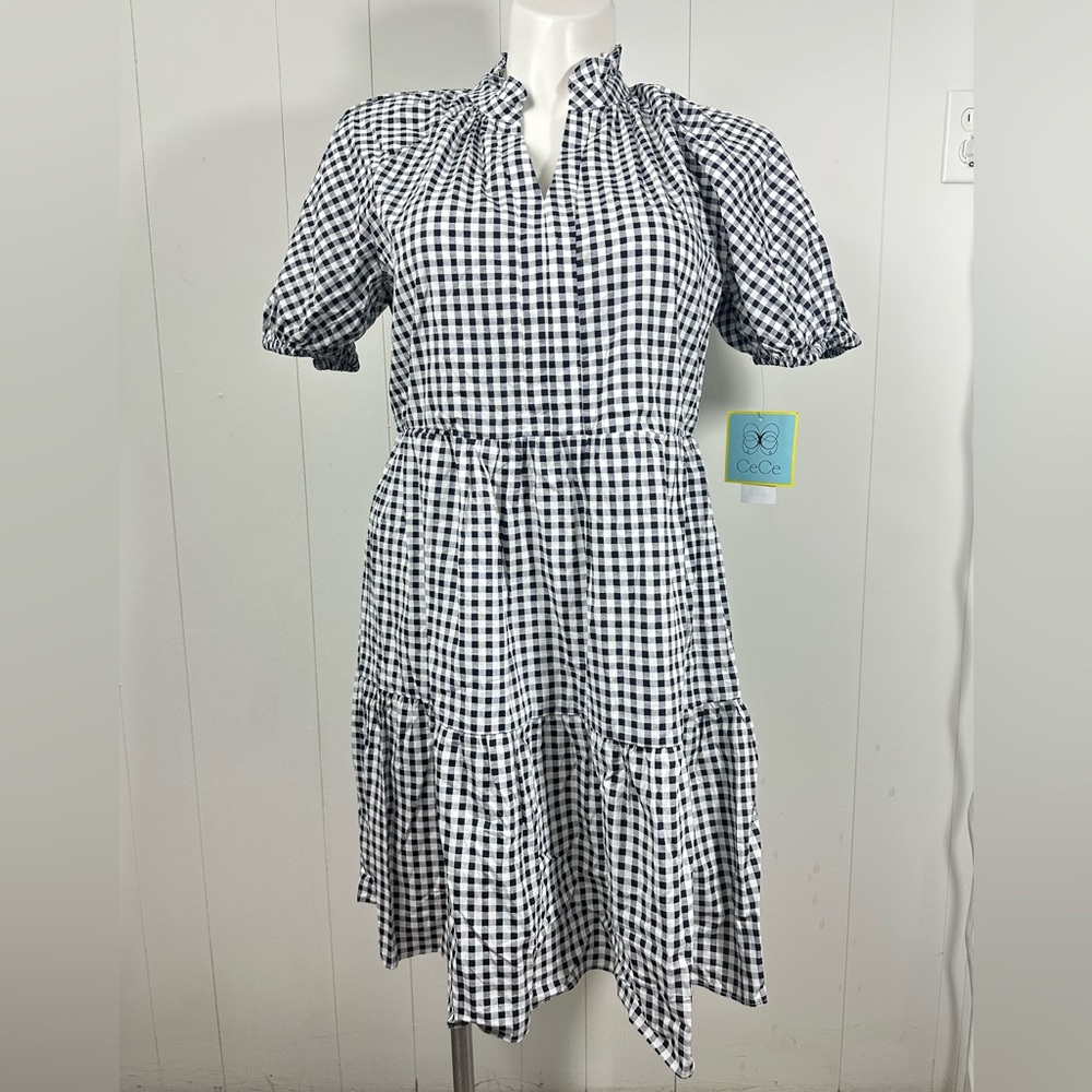 NWT CeCe Sz L Black & White Gingham Knee Length Short Sleeve Tiered Dress V neck